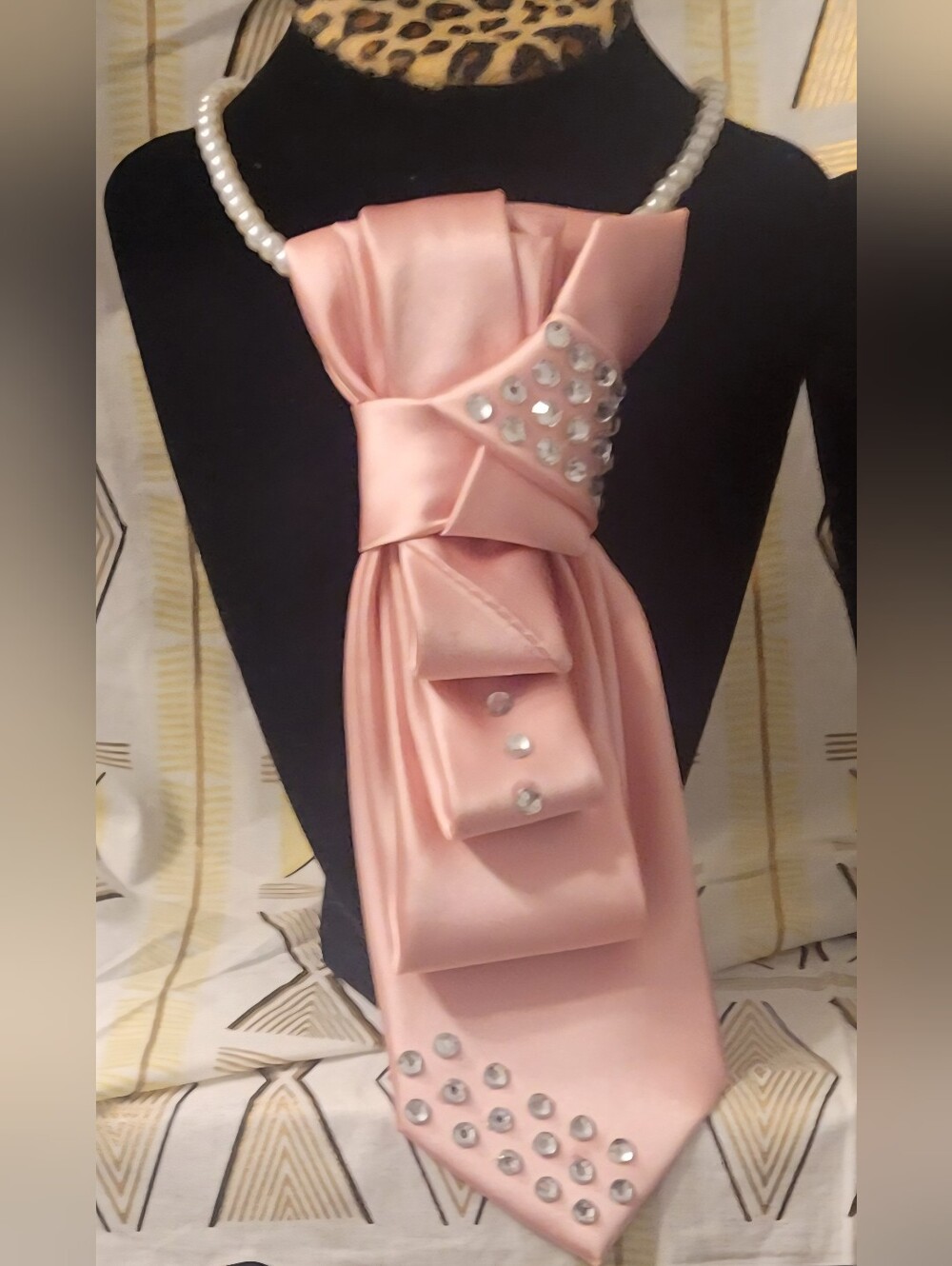 Blush Pink Satin Statement Necklace Necktie with Rhinestones